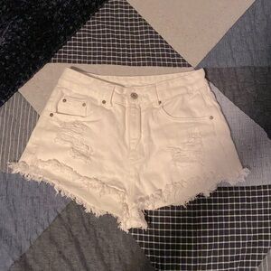 Frayed Hem Ripped White Denim Shorts